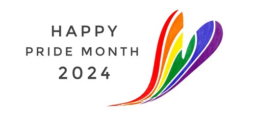 Rainbow heart drawing with texts 'Happy Pride Month 2024' on white background, concept for supporting and attending the pride month, special events, of LGBT people around the world.