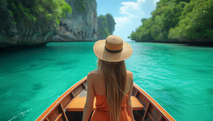 Young woman sitting in the front of a longtail boat going to Phi Phi Leh Island, Travel,vacation,holiday concept - obrazy, fototapety, plakaty