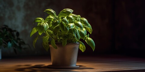 Green herb plant flower vegetable in pot vase. Basil decorative mock up scene vintage colors view