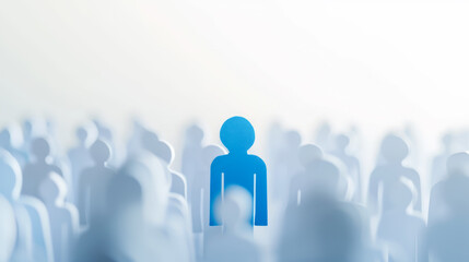 Blue figure emerging in sharp focus among blurred figures, leadership theme. Generative AI