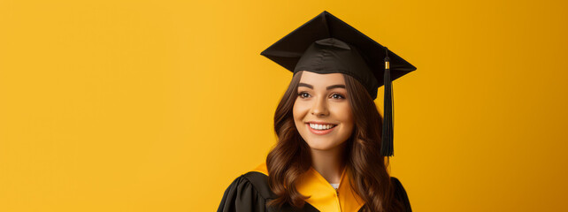 A European woman in graduation attire, looking happy and successful against a yellow background. Ai...