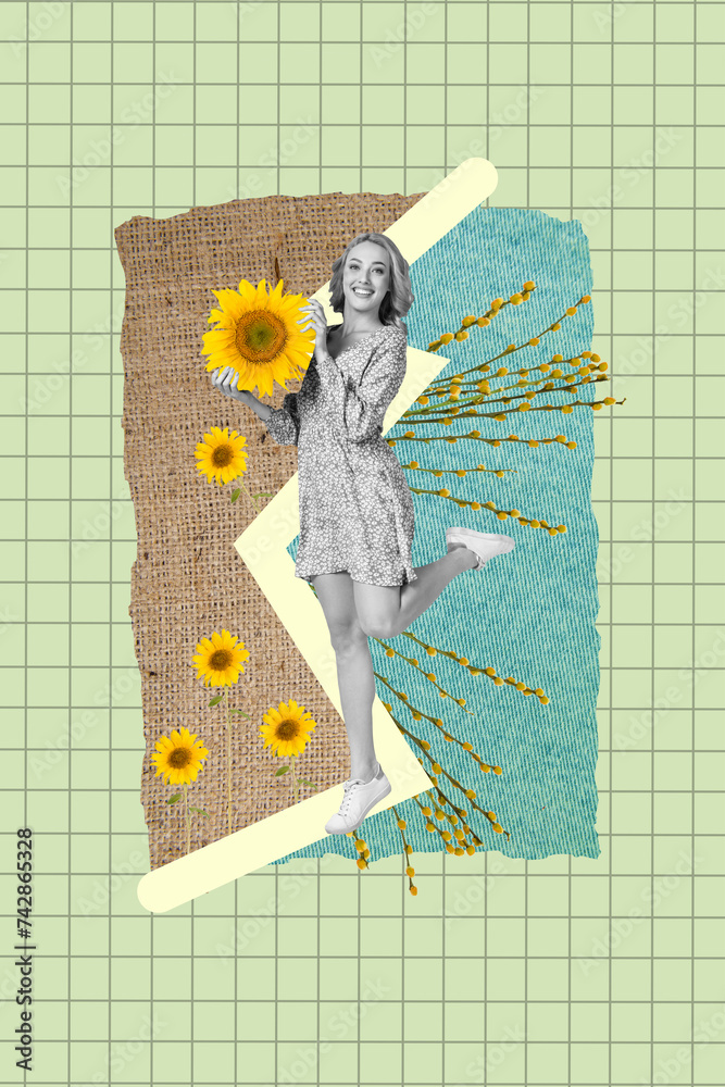 Sticker Vertical collage image of black white effect charming girl hold sunflower easter cotton stem decor isolated on green checkered background