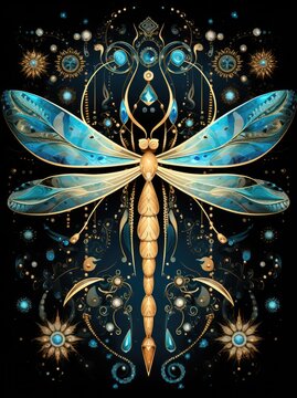 A realistic painting of a dragonfly intricately detailed on a black background, showcasing the beauty and delicacy of this insect.
