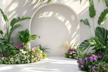 A peaceful garden pathway with colorful flowers and a sunlit archway. Marble arc. Mockup with copy space.
