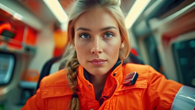 emergency concept Female EMS worker in an ambulance on the way to the hospital Emergency medical care assistants work in ambulances.