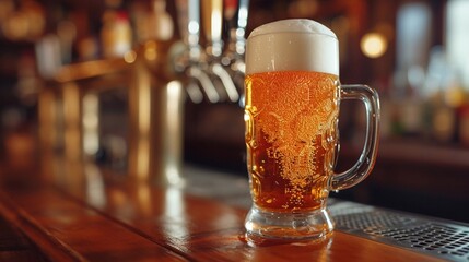 Beer bar counter close-up. Pouring beer into mug, beer bottling in restaurant. Blurry background with empty copy space