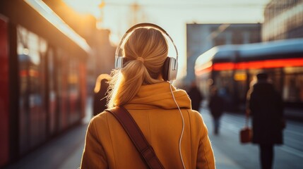 Rear view of a woman putting on a coat listening to music with headphones on her way to work at dawn. - obrazy, fototapety, plakaty