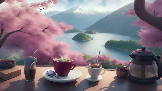 Coffee accompanies the ambiance of Sakura blossoms, Seamless looping time-lapse animation video background Generated AI.