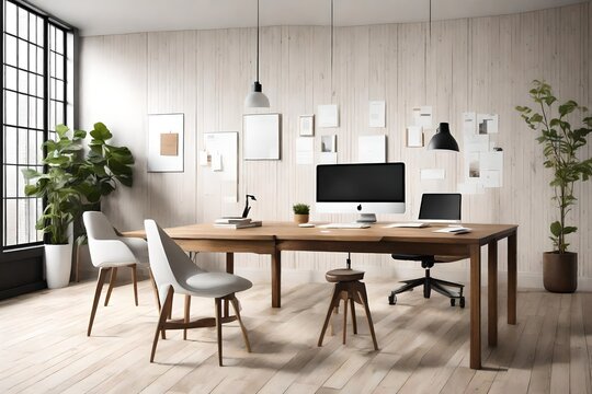 Office ambiance with a touch of warmth, wooden accents, and a blank white frame on the wall, inviting personalization.