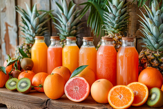 Fresh juices and smoothies in glass bottles surrounded by fruits.