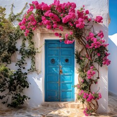 Fototapeta na wymiar A blue door is engulfed by vibrant pink flowers, creating a colorful and inviting entrance. The contrast between the door and the blooming flowers is striking.