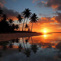 A serene beach sunset with palm trees. 