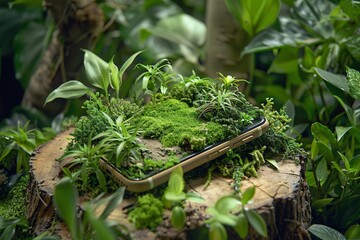 A smartphone designed to be fully biodegradable merges with the earth while plants thrive around its decomposing form a harmony of technology and nature