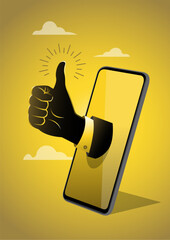 Businessman hand coming out of a smartphone showing thumbs up sign