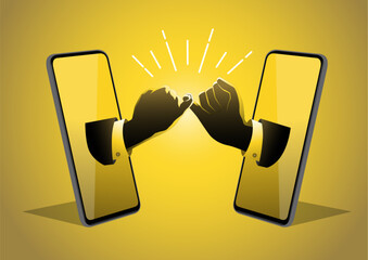 Two businessman hand coming out from smartphone and doing pinky promise, traditional gesture