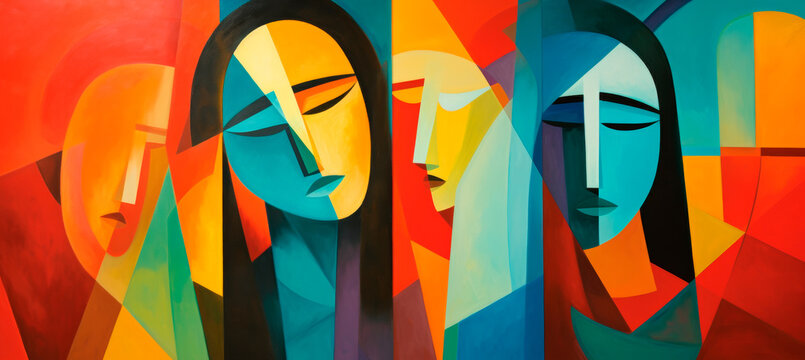 Vibrant abstract painting depicts two figures with somber expressions, surrounded by warm and cool geometric shapes, hinting at complex emotions within a simple composition