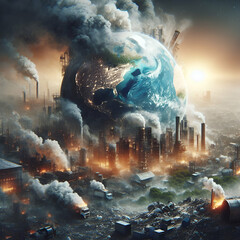 Extremely Hard industry pollution planet earth concept metaphoric globe. Modern civilization and ditrty tecnologies. Devastation of ecosystem - obrazy, fototapety, plakaty