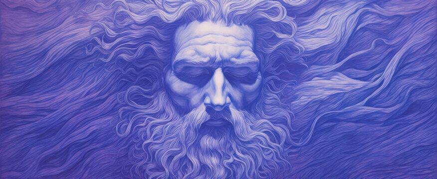 Serene, god-like visage with closed eyes amidst a sea of wavy hair, in a monochromatic blue ballpoint pen effect