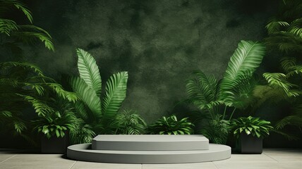 podium among plants and green background. Green textured mockups - obrazy, fototapety, plakaty