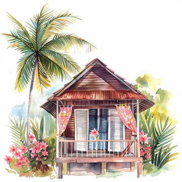 Illustration of Malaysia wooden house, village house with palm tree, rumah kampung