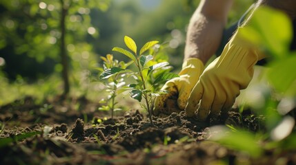 Enthusiastic volunteers planting trees in urban park for community greening project