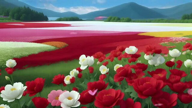 Vibrant blossoms in shades of red, yellow, and white, and dancing butterflies, set against a scenic mountainous backdrop. Seamless looping time-lapse animation video background Generated AI.