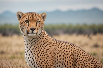 A cheetah, Acinonyx jubatus, standing in the savanna