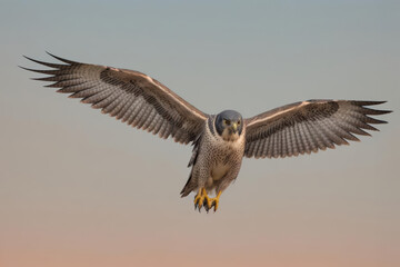 A Peregrine Falcon flying against sky at sunset