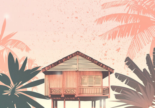 Illustration of Malaysia wooden house, village house with palm tree, rumah kampung