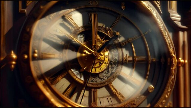 old clock in the town. Close up of a ticking grandfather vintage gold clock in an old mansion