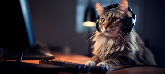 Cute cat with headphones gazes at a computer screen, embodying a focused gamer, music enthusiast or customer support in a dimly lit room, highlighting the blend of pets in human roles