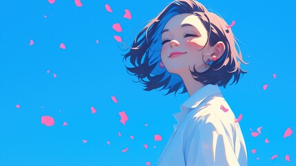 pretty woman smiling, sniffing flower scent with wind blowing pink spring flowers petal swirl in air, anime cartoon girl with copy space,  Ai Generated