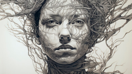 A hauntingly stark portrait enveloped by branches, conveying growth and the intricate nature of human psyche, fitting for introspective themes