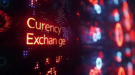 words text Currency Exchange on a digital technology abstract background. World wide global service for currency exchange concept - obrazy, fototapety, plakaty