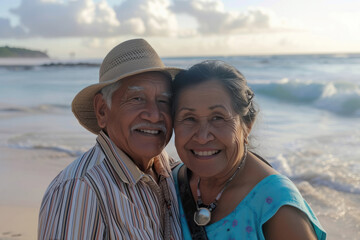 Happy elderly couple in love walking along the beach on a sunny day. Valentine's Day, Senior Citizens' Day, Holiday of Wisdom, Attention and Love, Parents' Day