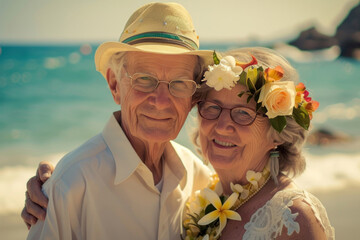 Happy elderly couple in love walking along the beach on a sunny day. Valentine's Day, Senior...