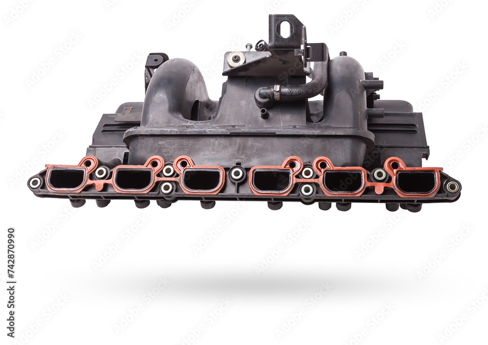 Poster Intake manifold plastic housing with a system for adjusting the air flow to the engine. Repair and replacement of spare parts of vehicles in a car service.