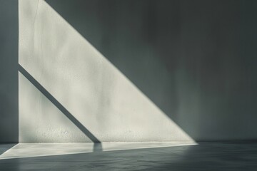 Sunlight casts shadows on a white wall and floor, creating a tranquil and minimalist abstract pattern.