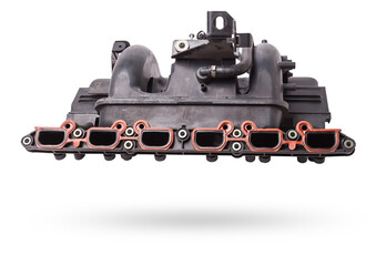 Intake manifold plastic housing with a system for adjusting the air flow to the engine. Repair and replacement of spare parts of vehicles in a car service. - obrazy, fototapety, plakaty