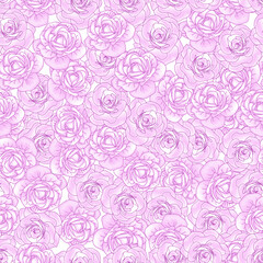 Camellia pink flower seamless pattern. Delicate rose flower head for spring, girly background. Vector illustration for textile, scrapbook, fabric, wallpaper, card, invite.