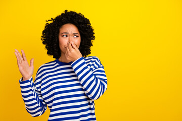 Photo of annoyed irritated disappointed lady wear trendy clothes avoid disgusted smell empty space isolated on yellow color background - obrazy, fototapety, plakaty