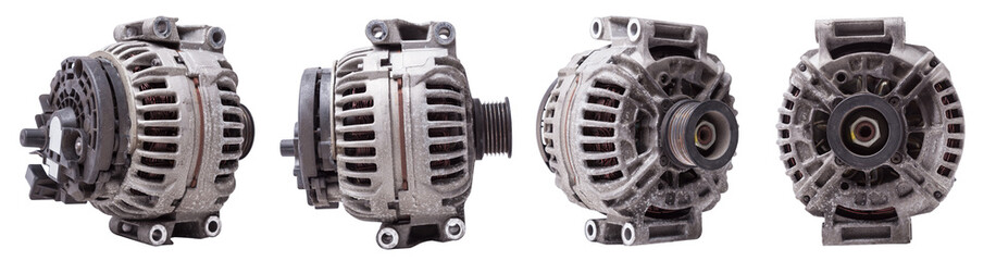Collage of a car generator from all sides, an element of a car electrical network on a white...