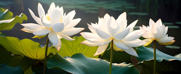Three pristine African White Lotus flowers bloom above lush leaves against a serene pond at dawn, symbolizing purity and enlightenment