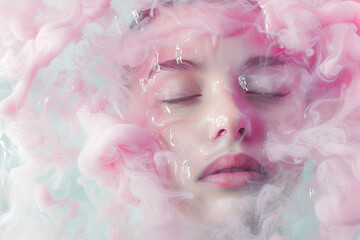 Dreamlike surreal closeup portrait of a beautiful woman's face covered with gel surrounded with pink smoke. Beauty concept.