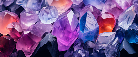 Dazzling array of crystal gems showcasing vibrant colors and sharp facets, soft textures contrasts starkly with the rigid crystals - obrazy, fototapety, plakaty