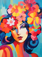 A painting showing a woman with colorful flowers elegantly placed in her hair, capturing a serene and natural beauty.