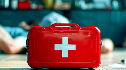 A red first aid kit in focus with an out-of-focus figure lying on the floor in the background.