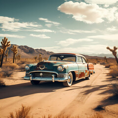 Fototapeta na wymiar A vintage car on a deserted desert road.