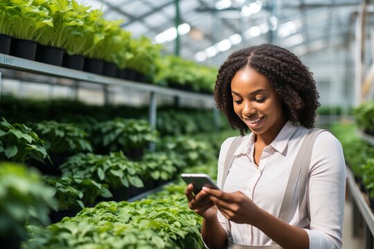 Young african american woman farmer using smartphone to monitor crops in a greenhouse - Powered by Adobe