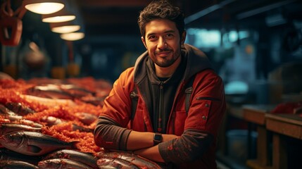 Man Standing in Front of Fish - obrazy, fototapety, plakaty